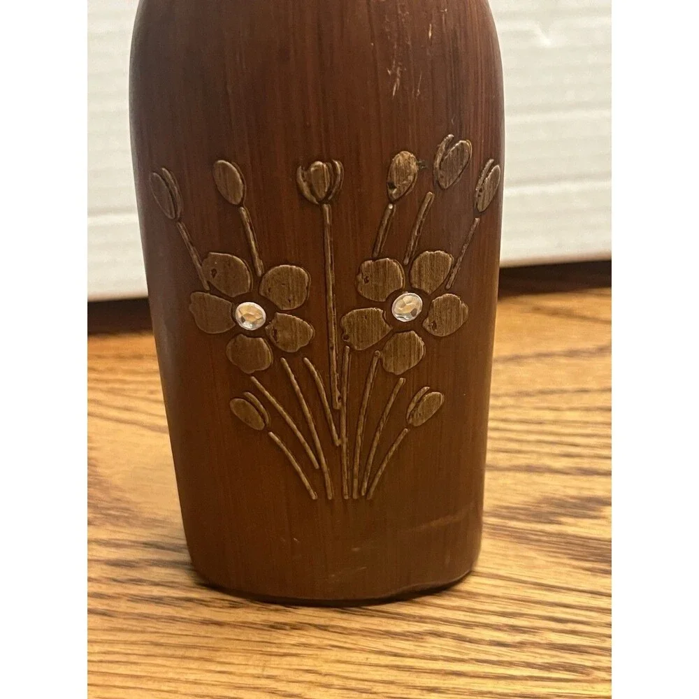 VINTAGE CERAMIC FAUX WOOD GRAIN  VASE 8” X  3” with RHINESTONE ACCENTS